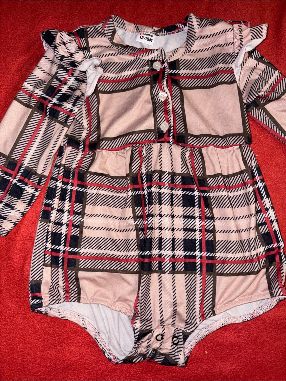 Plaid Long Sleeve Baby Romper - Beige, Black & Red